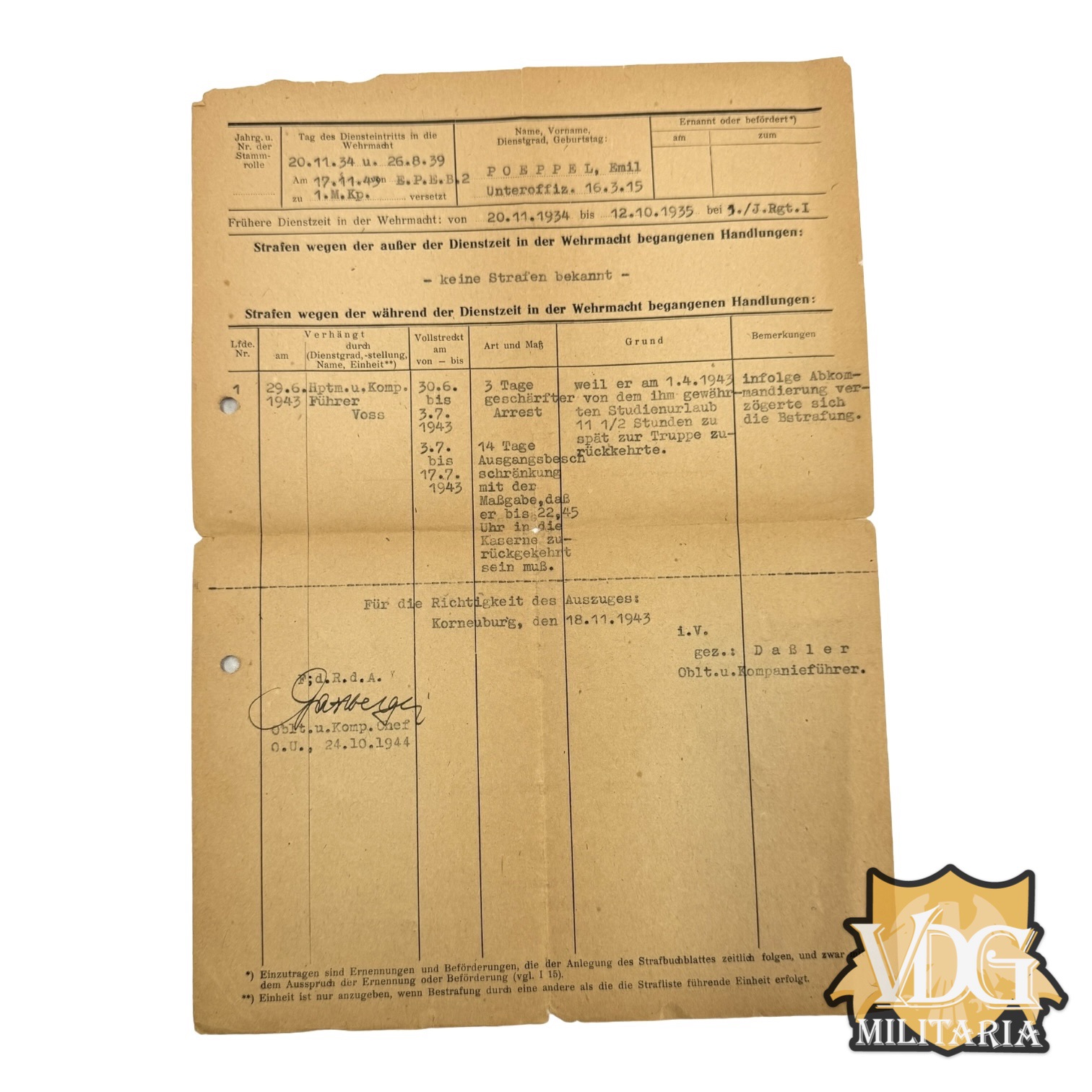 WW2 German Military Arrest Record (Auszug aus dem Strafbuch) for Army Sgt. Emil Poeppel, 1935-1943