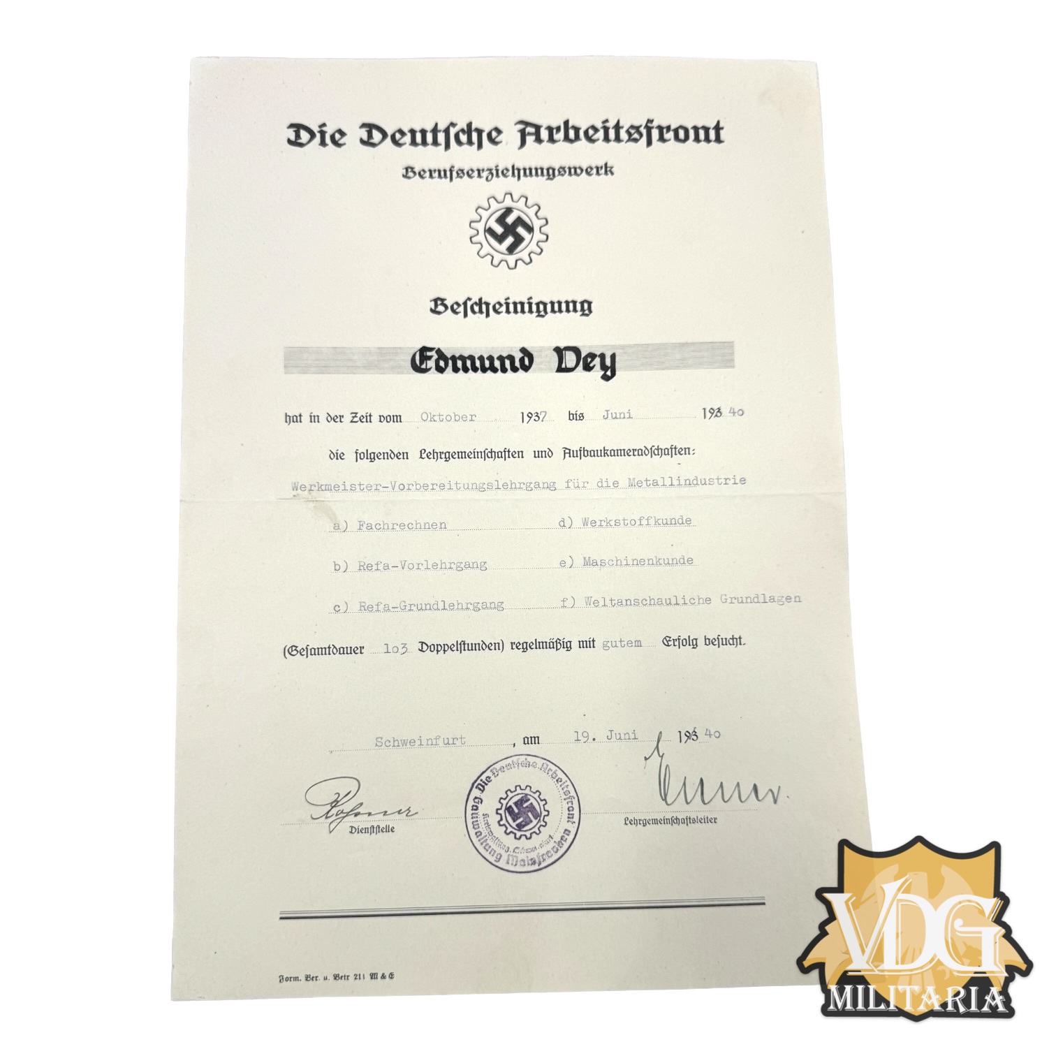 WW2 German Vocational Training Certificate issued by the Deutsche Arbeitsfront (DAF) to Edmund Vey, dated June 19, 1940, in Schweinfur
