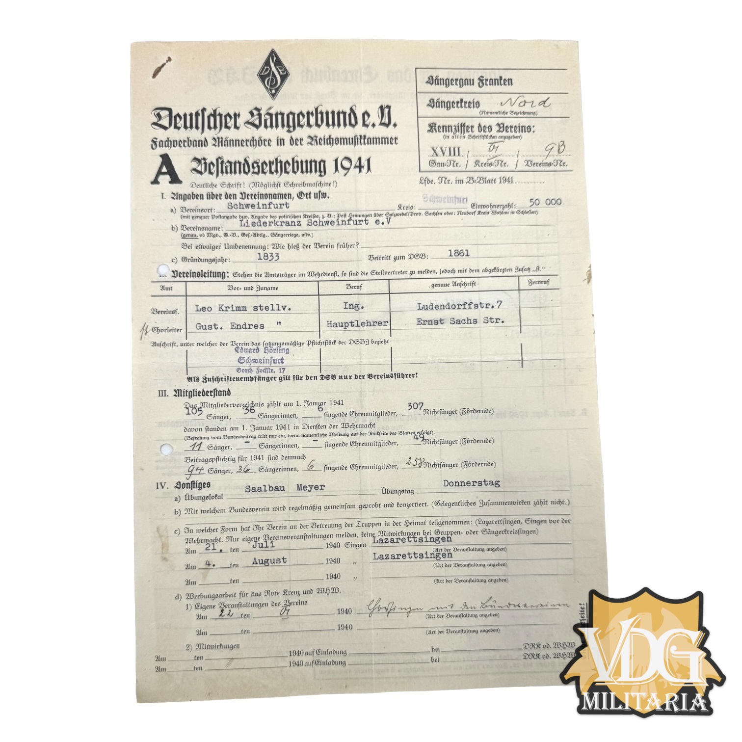 WW2 German 1941 German Singers Union Document - Schweinfurt Men's Choir