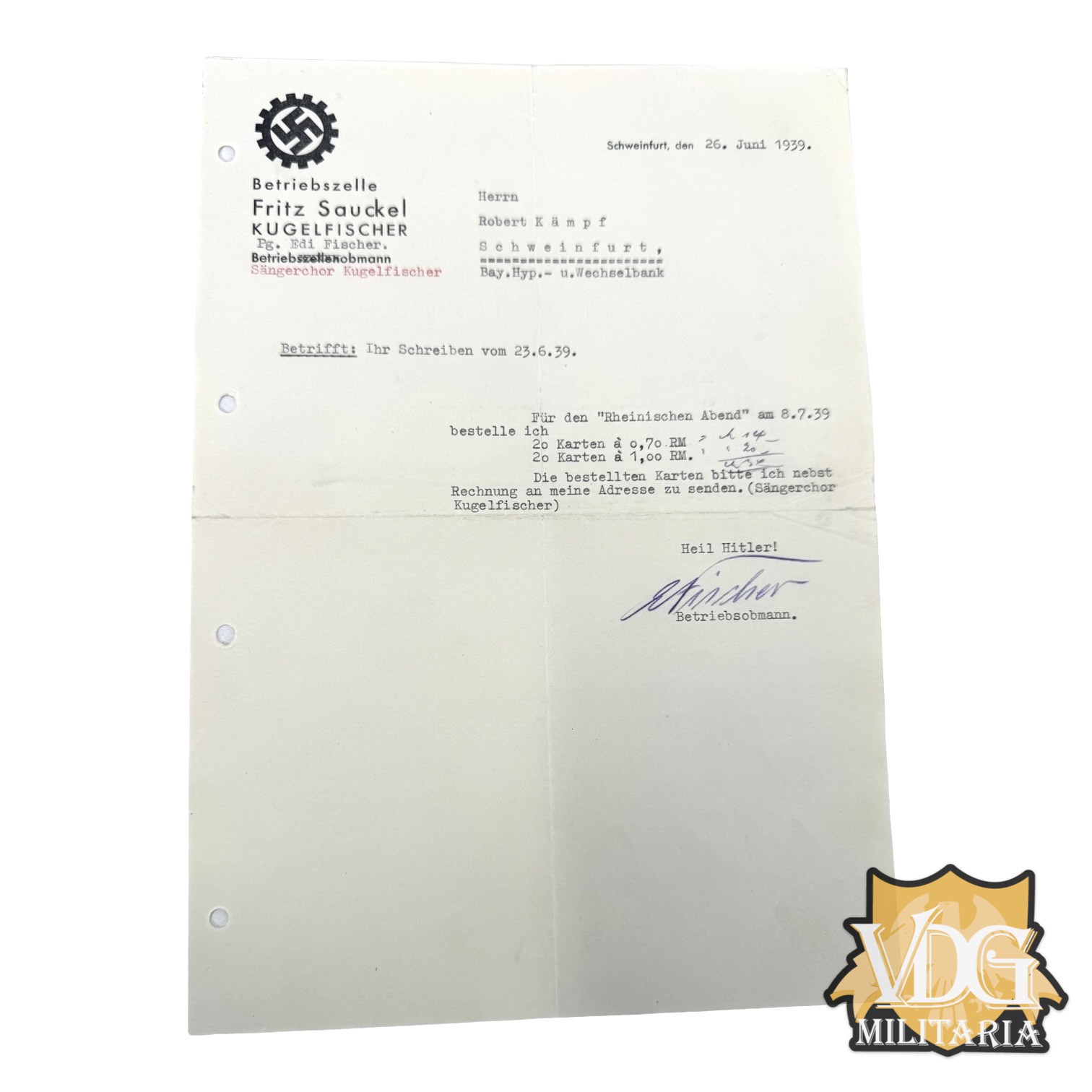 WW2 German 1939 DAF German Labor Front Letter from Fritz Sauckel Company Cell at Kugelfischer