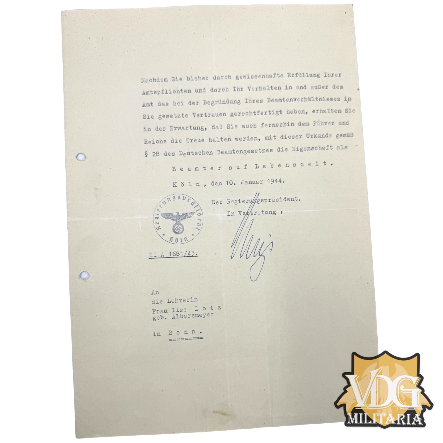 WW2 German 1944 Civil Servant Appointment Letter - Cologne