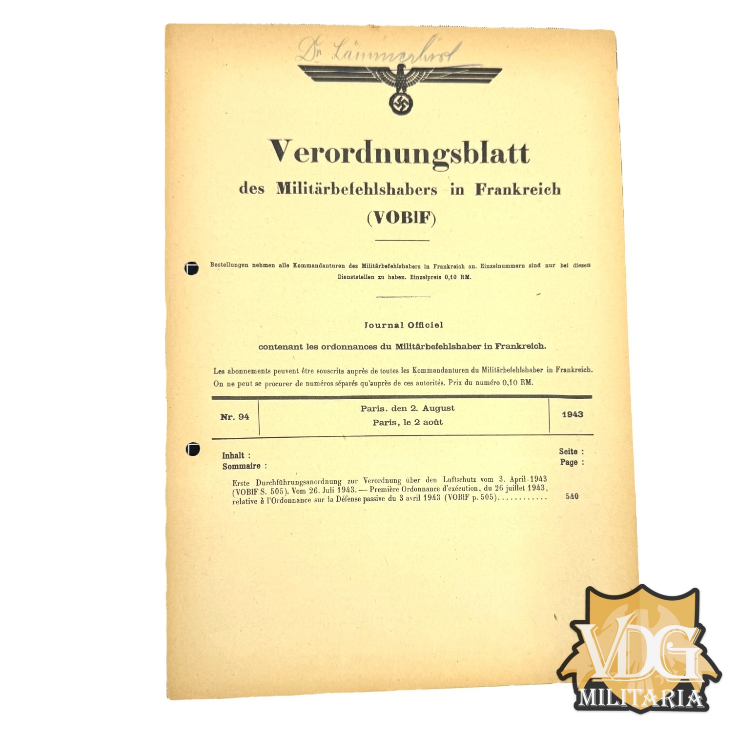 WW2 German 1943 Orders Notice of the German Military Commander in France - VOBIF