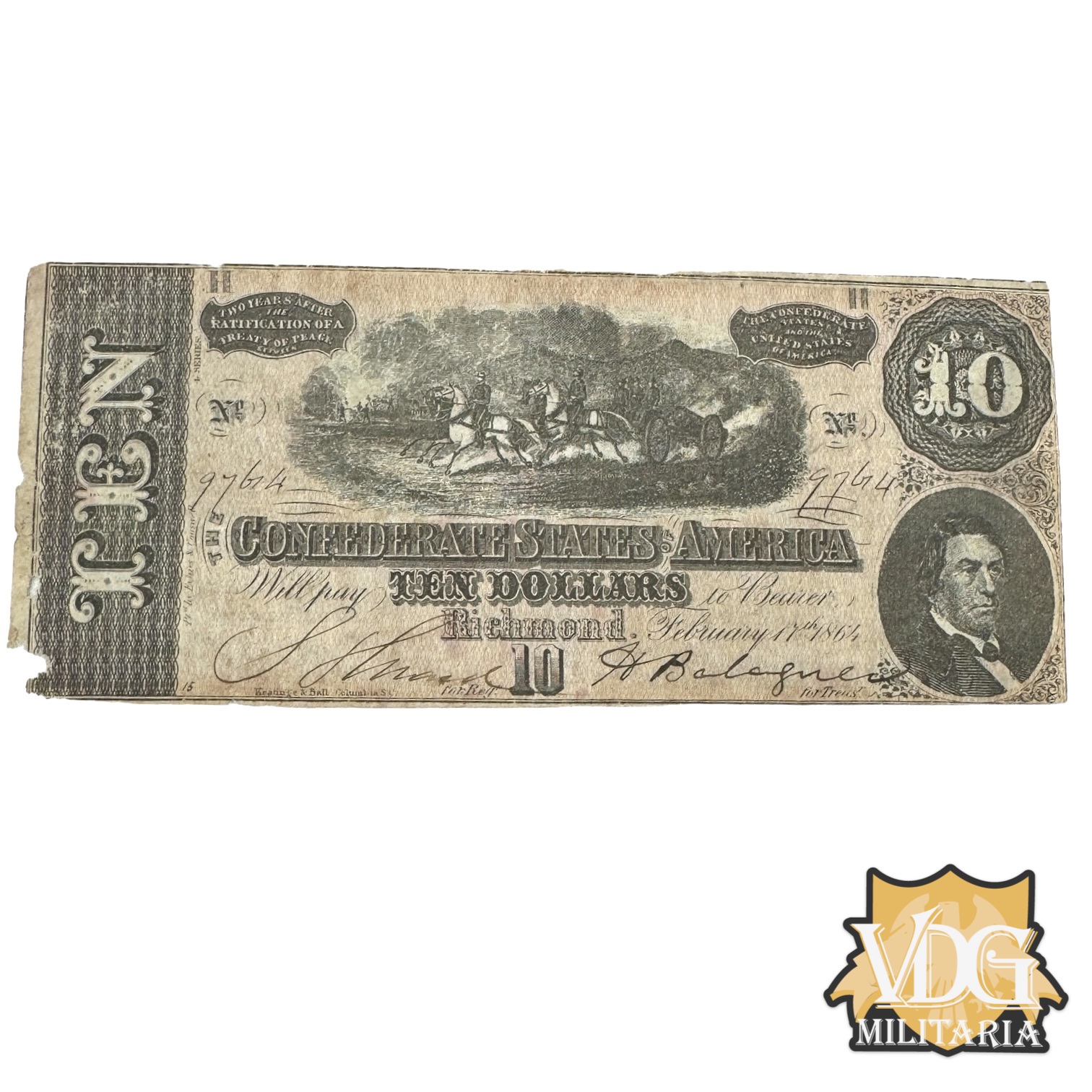 US Civil War Confederate States of America $10 Bill - February 17, 1864