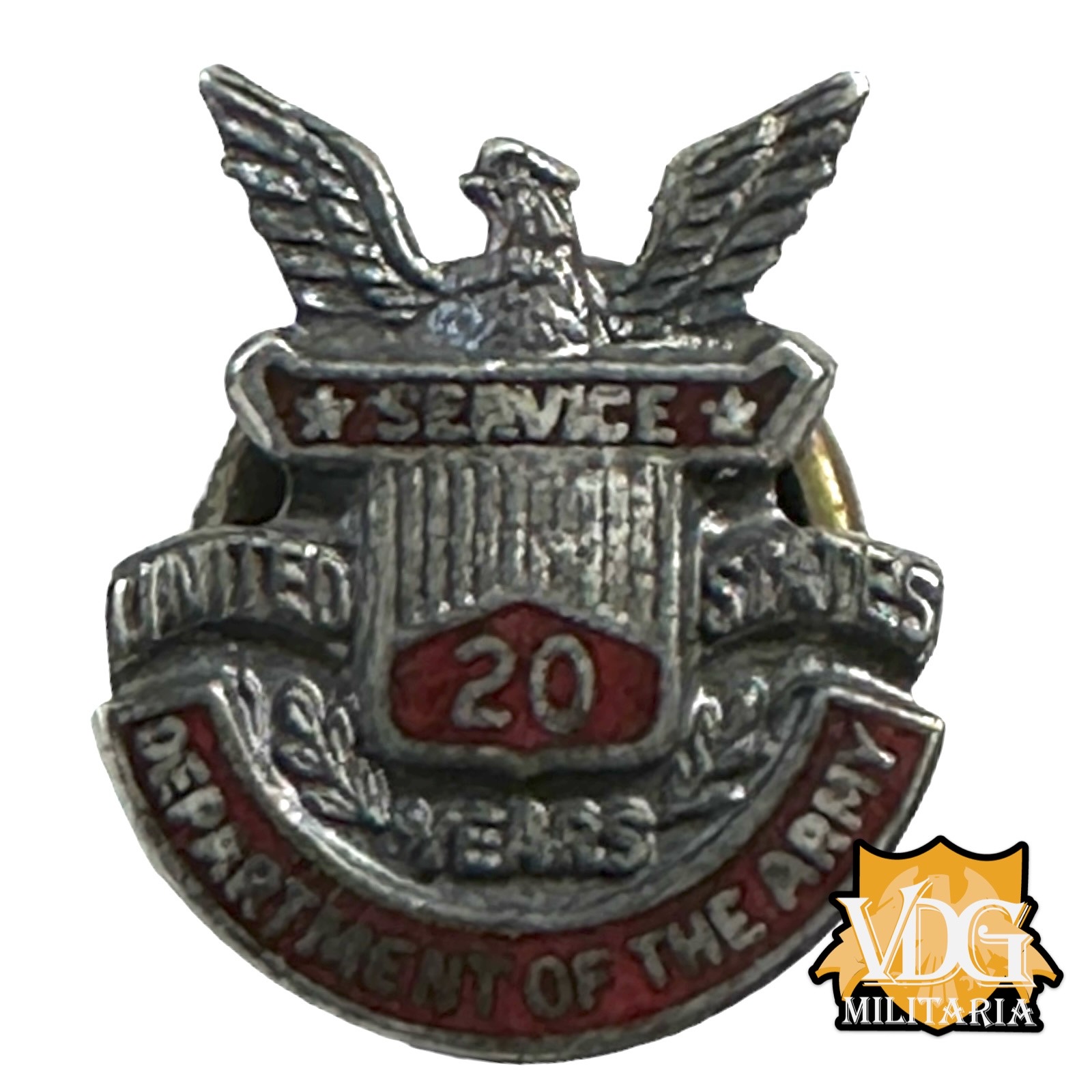 WW2 US Department of The Army 20 Year Service Screw Back Pin Badge