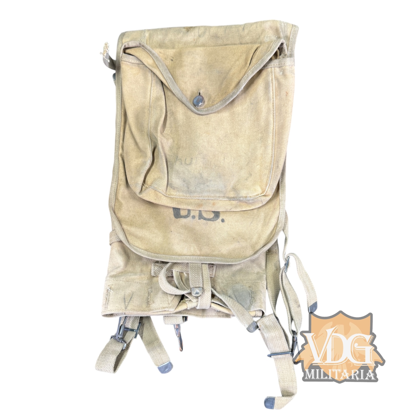 WW1 US Army M1910 Backpack Haversack Canvas Field Pack with attached Mess Kit (Meat Can) Pouch-Named, Long 8-1918 Marked