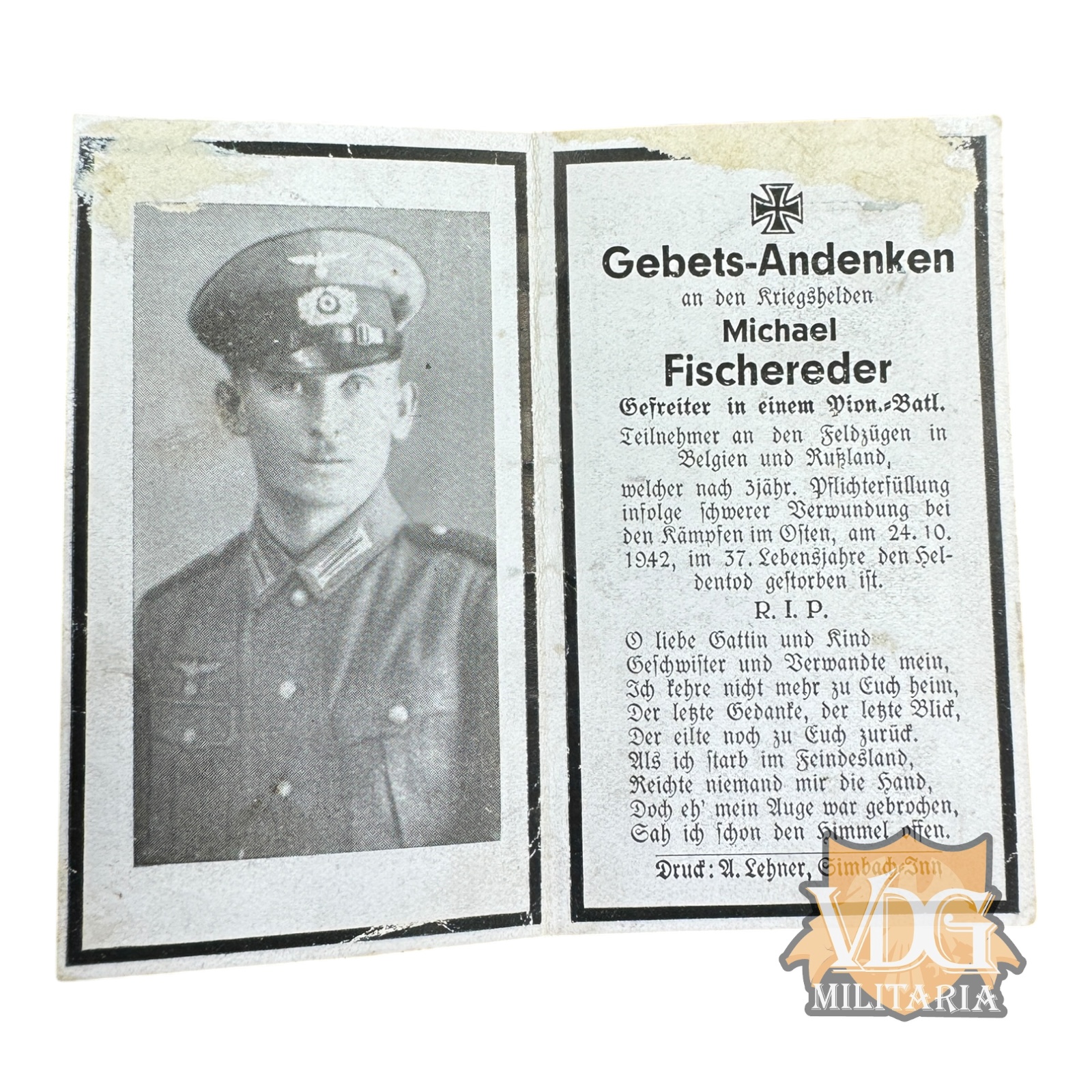 WW2 German Death Card, Heer Pioneer Gefrieter Michael Fischereder-Fought in Belgium & Russia-1942 Eastern Front
