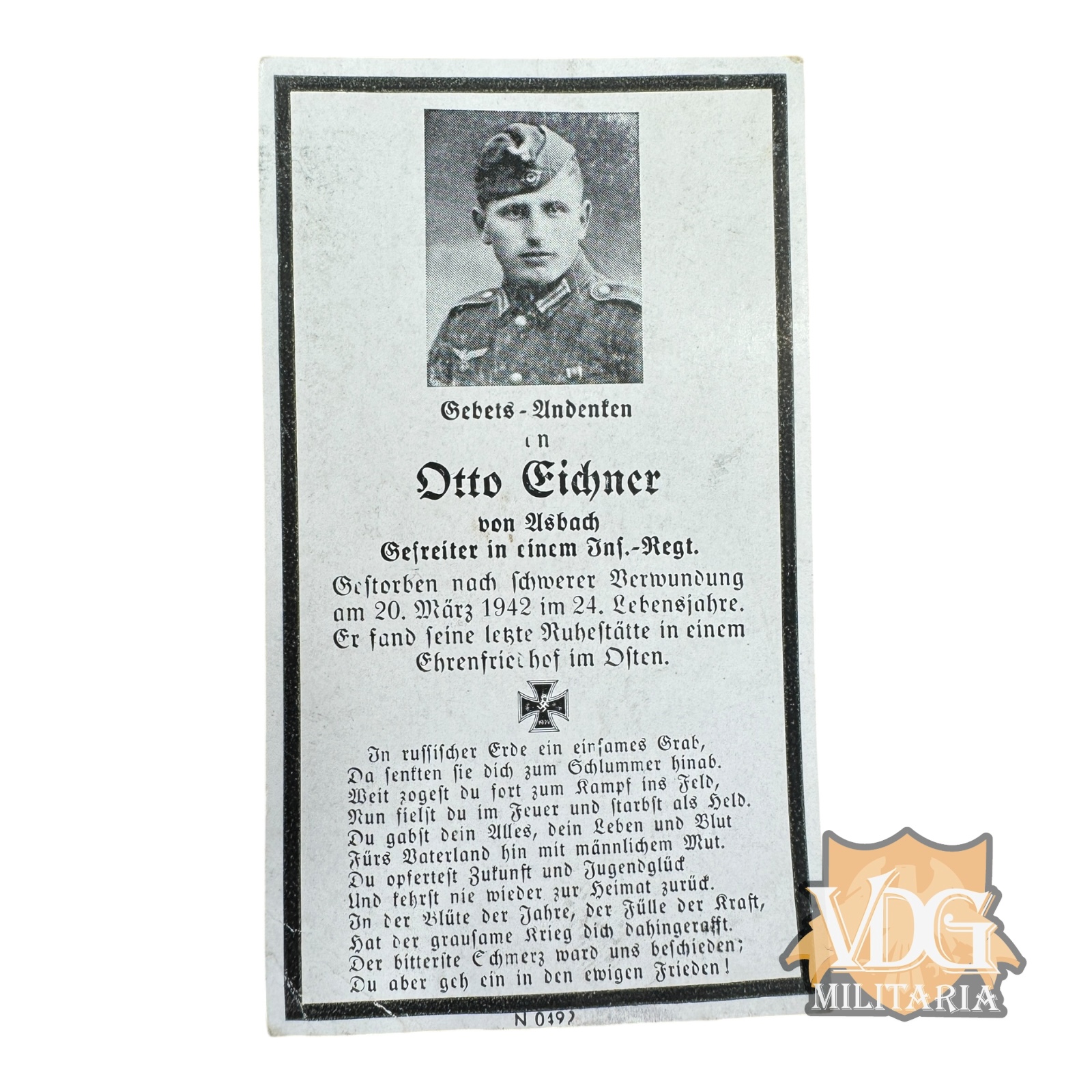 WW2 German Death Card, Heer Gefrieter Otto Eichner, 1942 Eastern Front