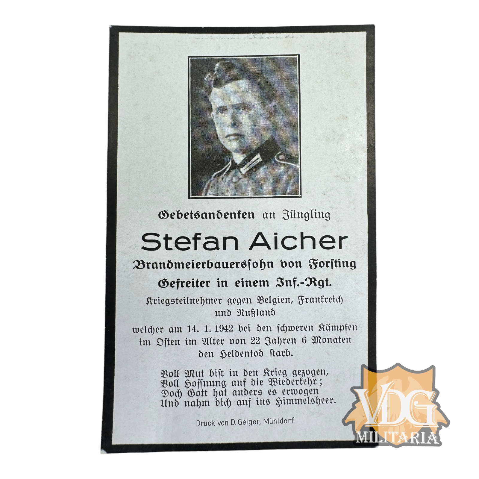 WW2 German Death Card, Heer Gefrieter Stefan Aicher-Fought in Belgium, France & Russia-1942 Eastern Front