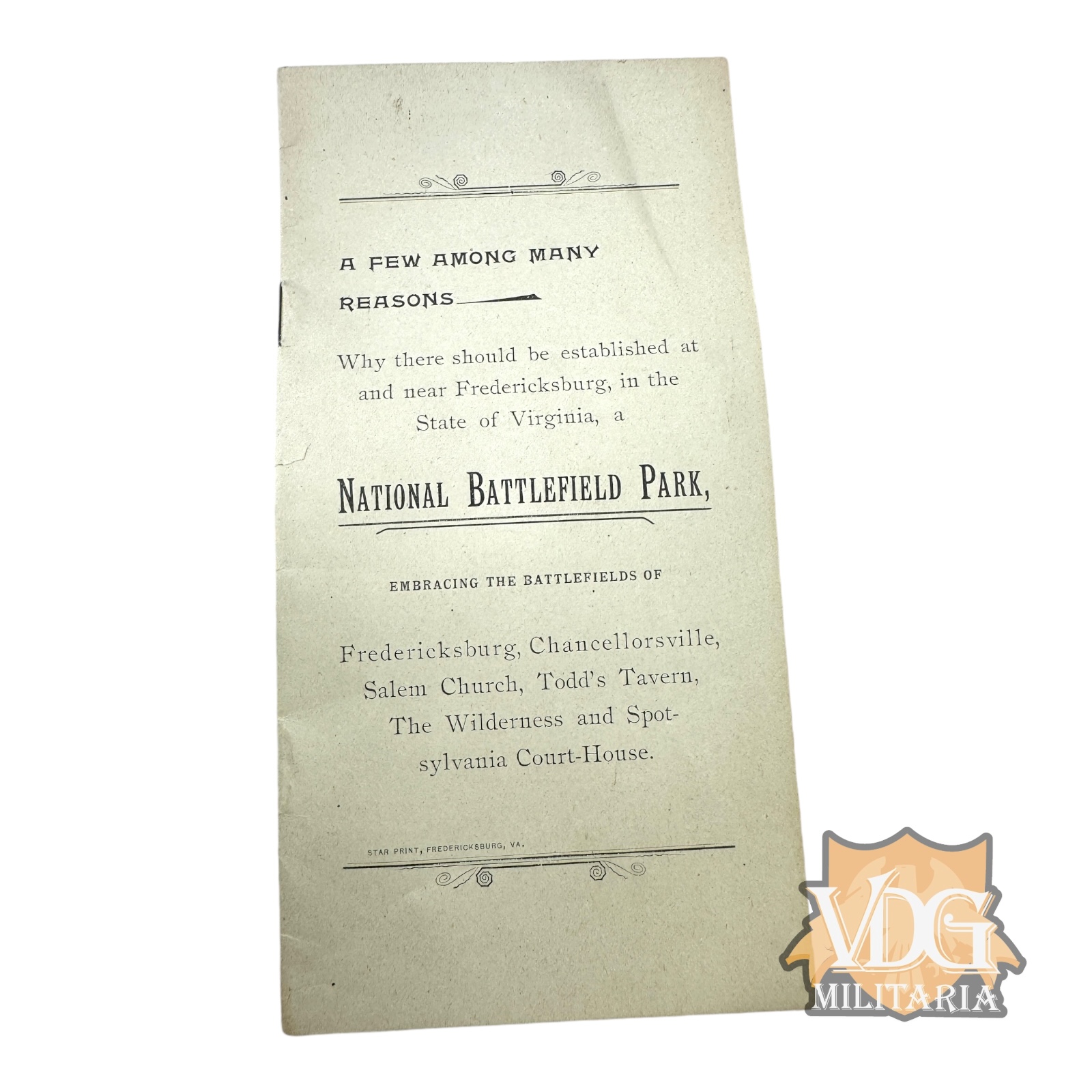 US Civil War GAR “A Few Among Many Reasons” Pamphlet Advocating for Fredericksburg National Battlefield Park – Circa Early 1900s