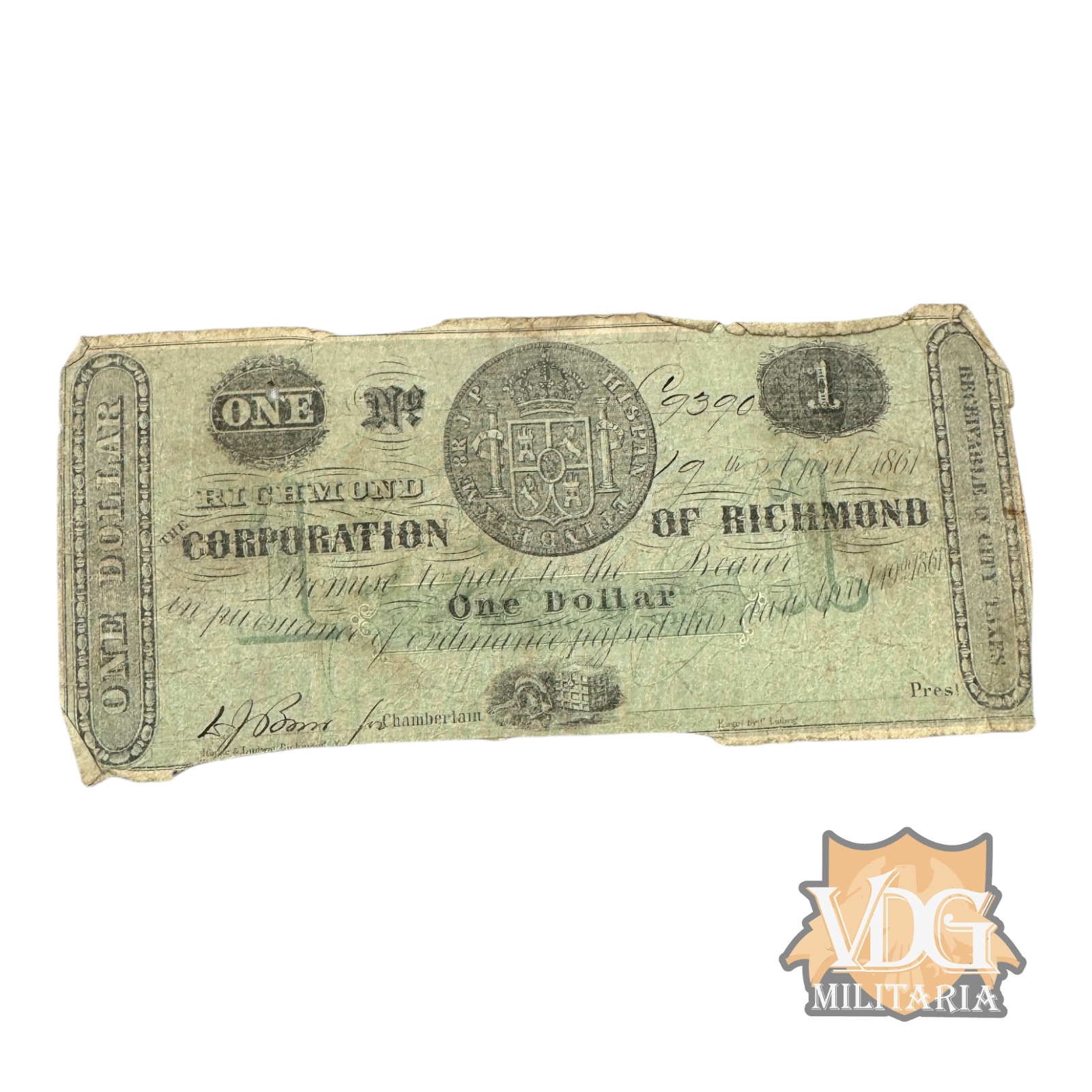 US Civil War Confederate Richmond Corporation One Dollar Bill Paper Currency Note April 19, 1861