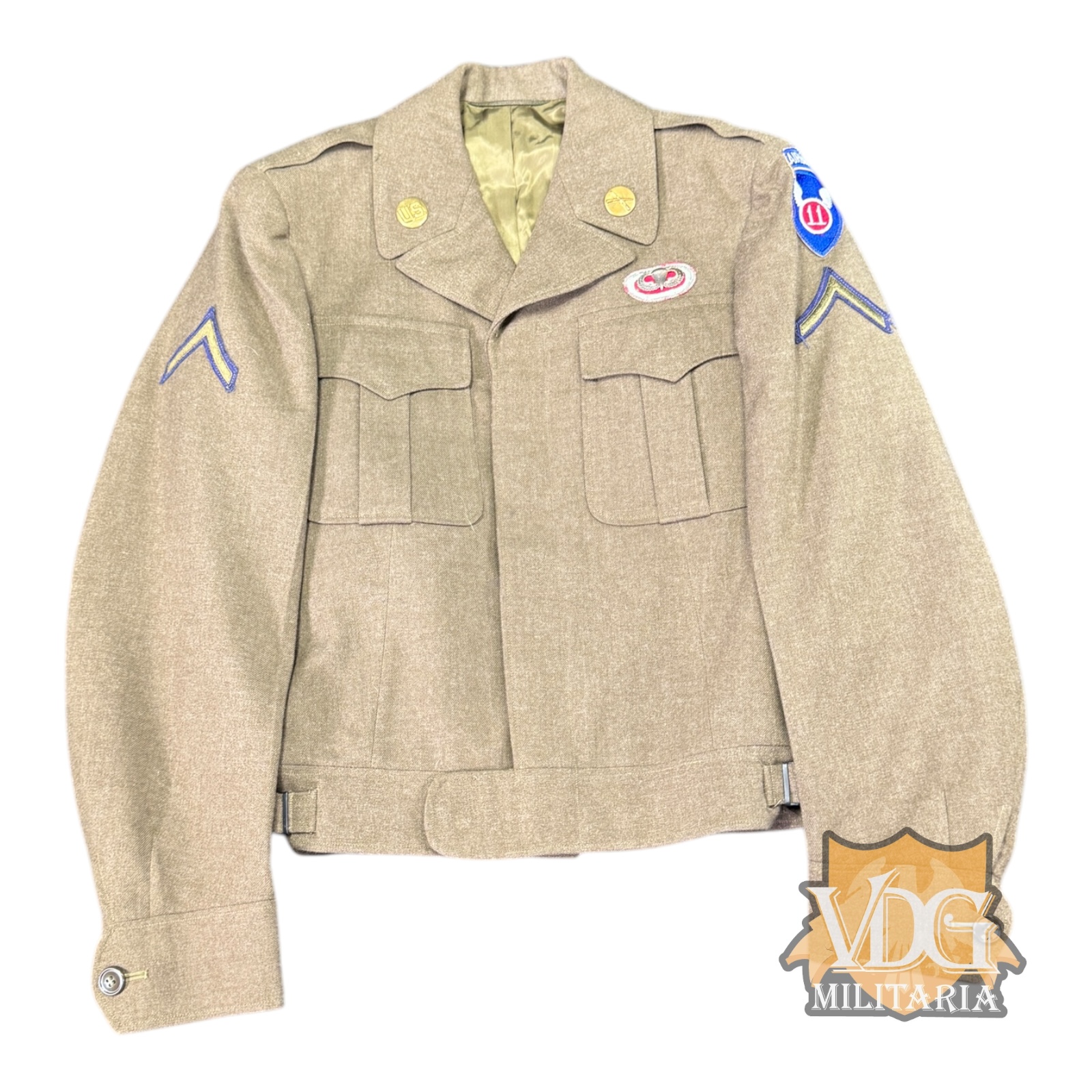 WW2 US Army Paratrooper Ike Jacket with 11th Airborne Patch and Jump Wings, Size 36L, 1945 Dated