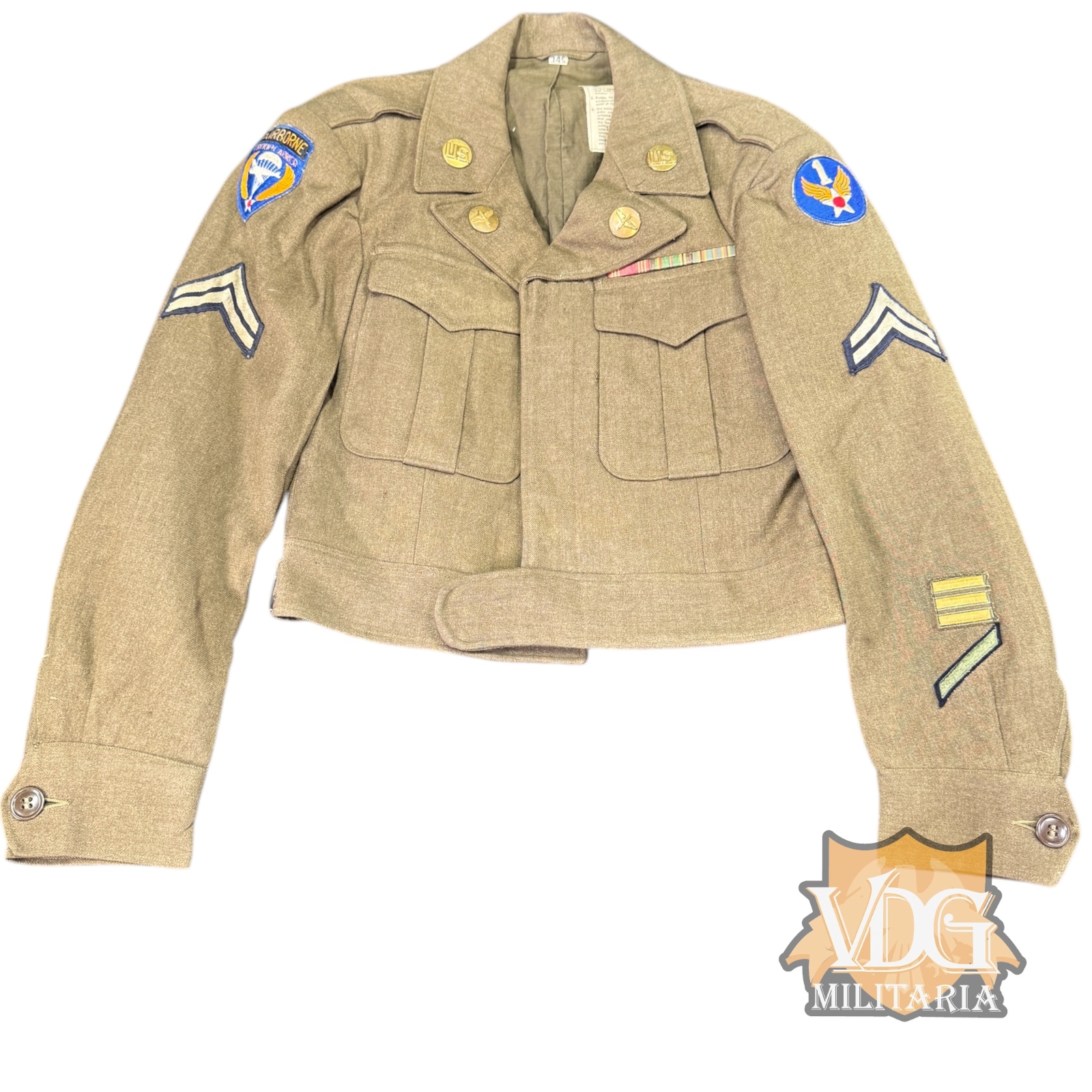 WW2 US Army Air Forces Corporal Ike Jacket, Troop Carrier Command, 1st Air Force Patch, Size 34S