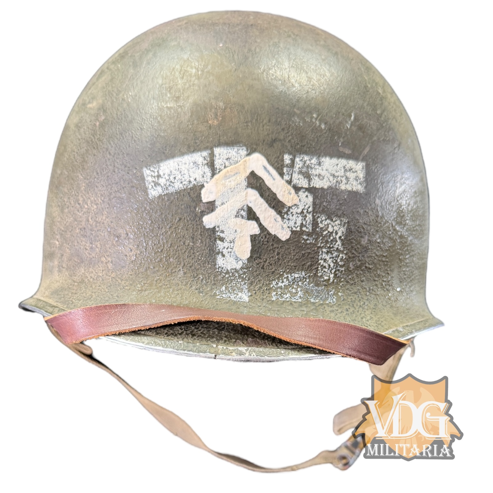 WW2 US Fixed Bail Front Seam M1 T/5 Rank Insignia Painted Helmet 97D McCord & Capac Liner, Matching Numbers