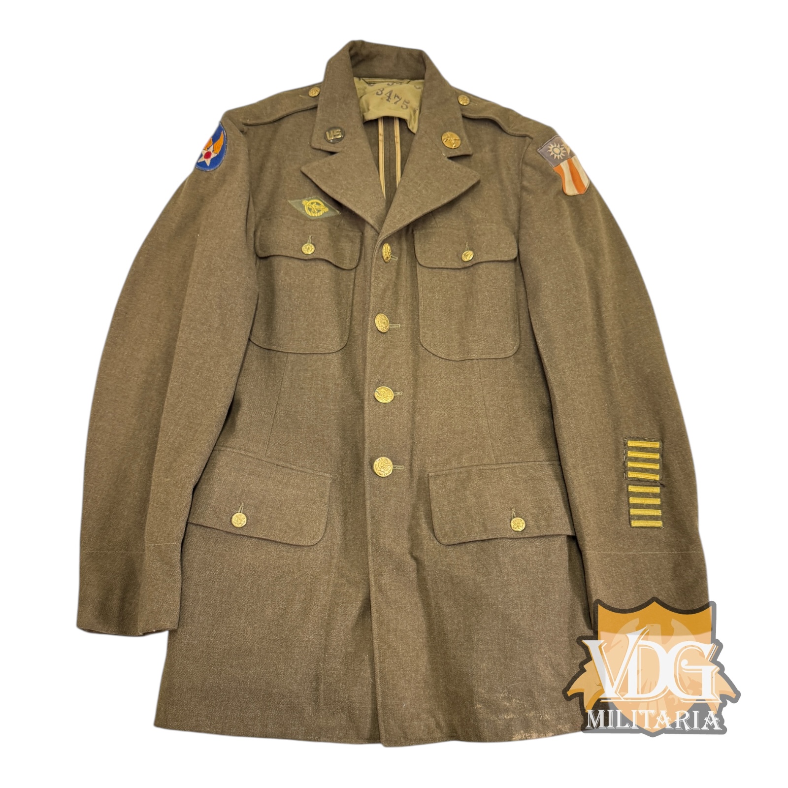 WW2 US Army Air Force China Burma India Military Police Service Jacket, 8 Overseas Bars, Numbered, Size 38L