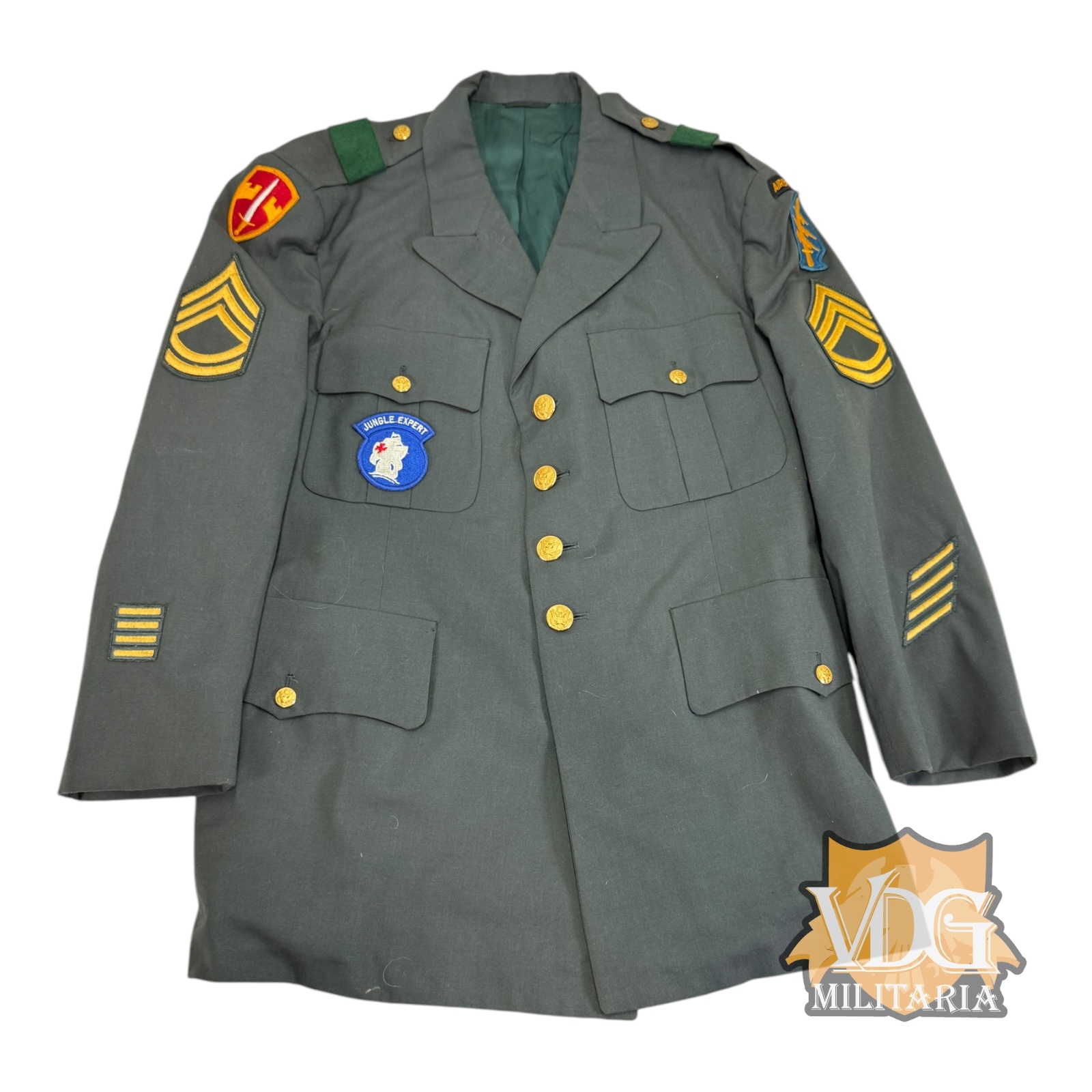 Vietnam War Era US Army Green Beret Sergeant First Class Class A Jacket - Military Assistance Command, Vietnam (MACV) & Special Forces Airborne, Jungle Expert, Size 44S