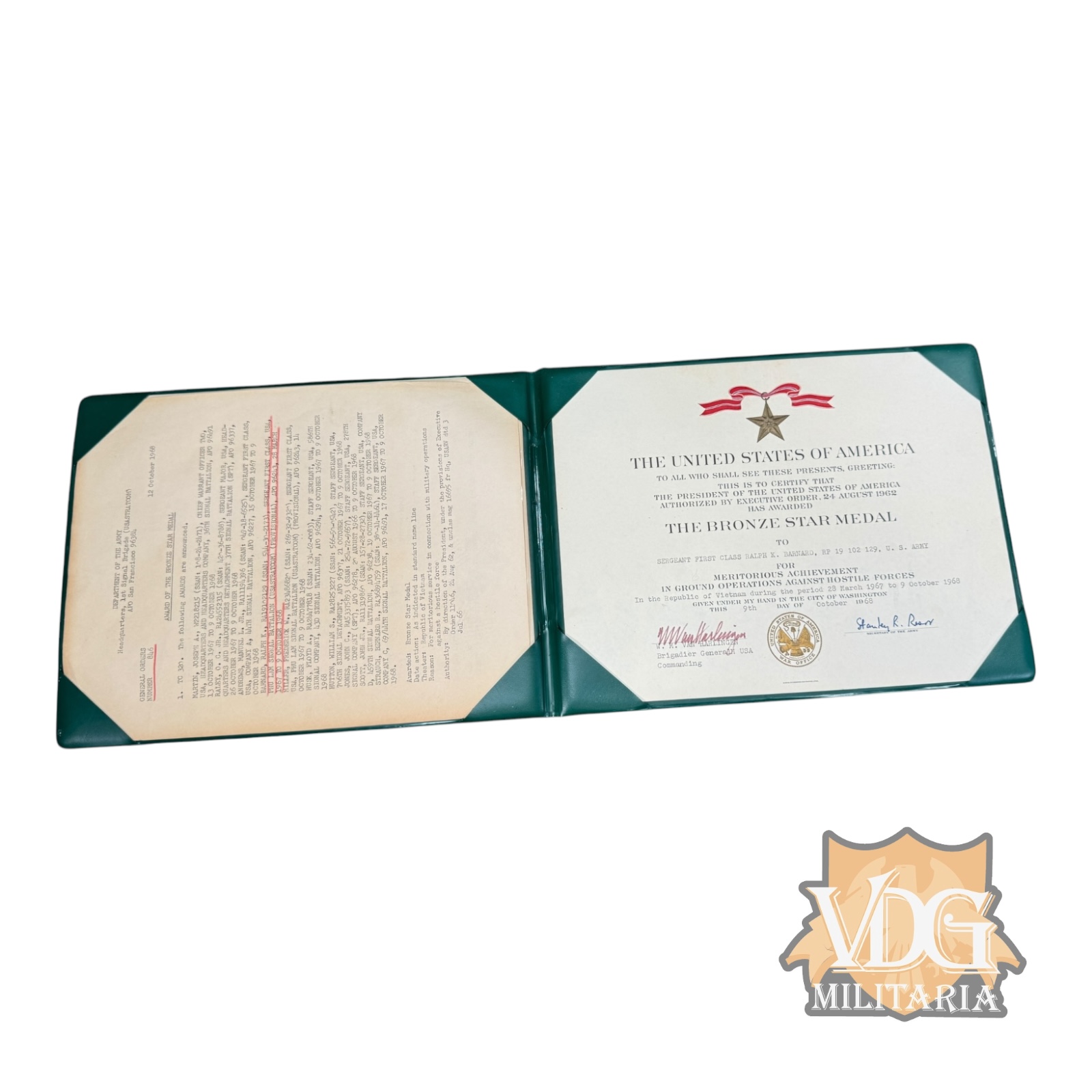 Vietnam War 1968 US Army Bronze Star Medal Certificate to SFC Ralph K. Barnard, 1st Signal Brigade