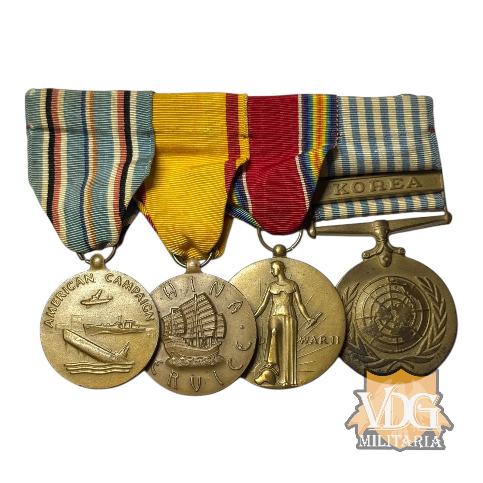 WW2/Korean War US 4-Place Medal Bar-American Campaign, China Service, WW2 Victory Medal & United Nations Service Medal Korea