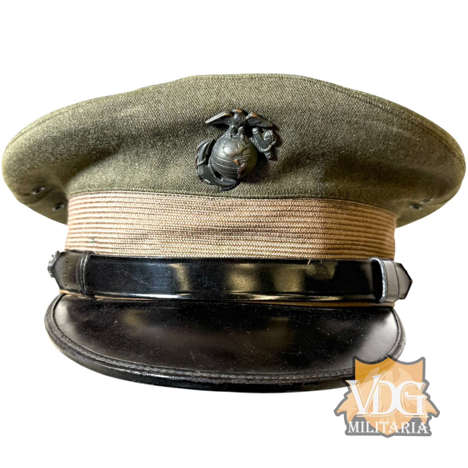 WW2 US Marine Corps Company Grade Officer Green Service Cap with Quatrefoil - Size 7