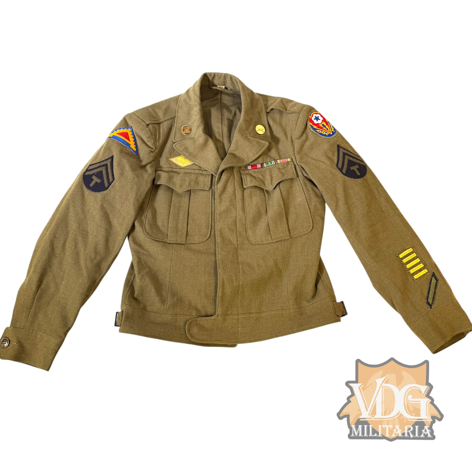 WW2 1944 US Army M1944 Ike Jacket Named Schuette Seventh Army with Com Z ETO Combat Patch Technician Fifth Grade Size 36R