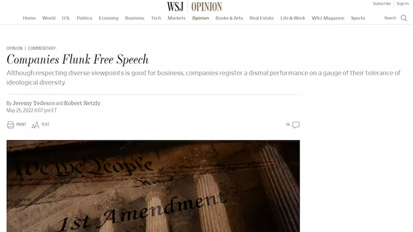 Viewpoint Diversity Score Leaders at Wall Street Journal: “Companies Flunk Free Speech”