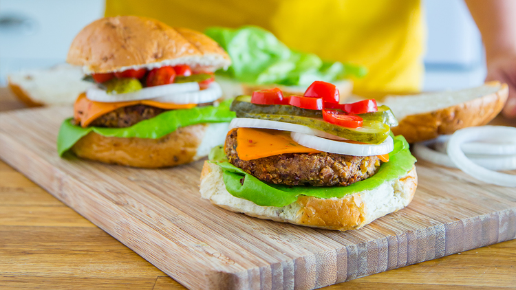 bean burgers on a cutting board