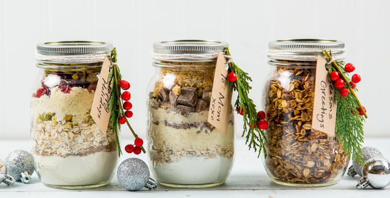 Mason Jar Gifts with Peanut Butter Banana Bread Ingredients inside