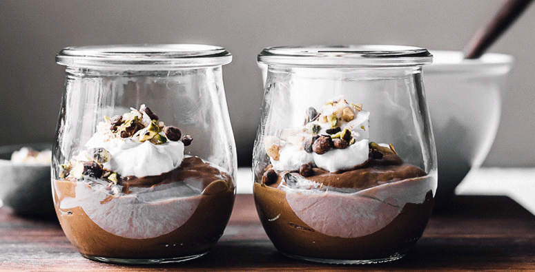 Avocado chocolate pudding with dukkah mix on top