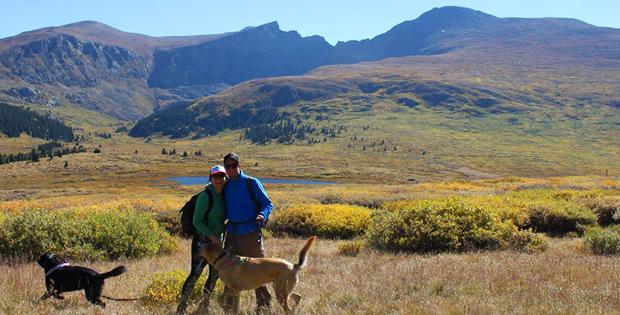 people and dogs hiking