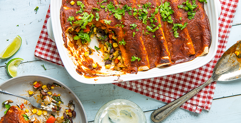 vegan enchiladas in a casserole dish