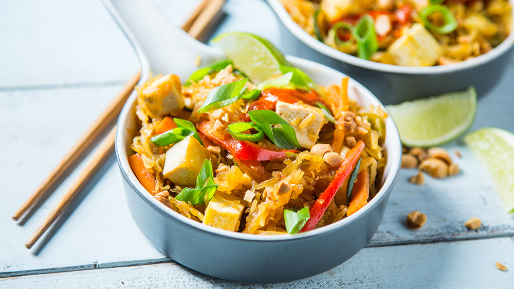 spaghetti squash pad thai in a bowl