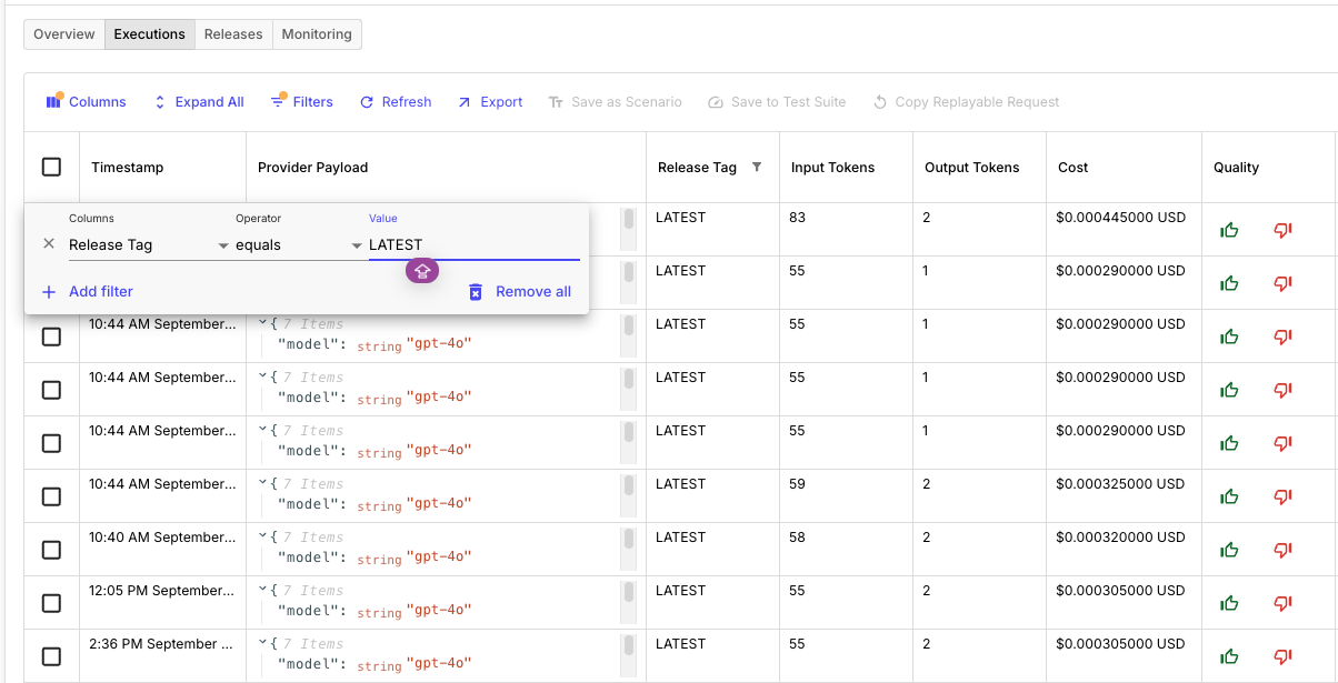 Prompt Deployment Executions Table with Release Tag Filter