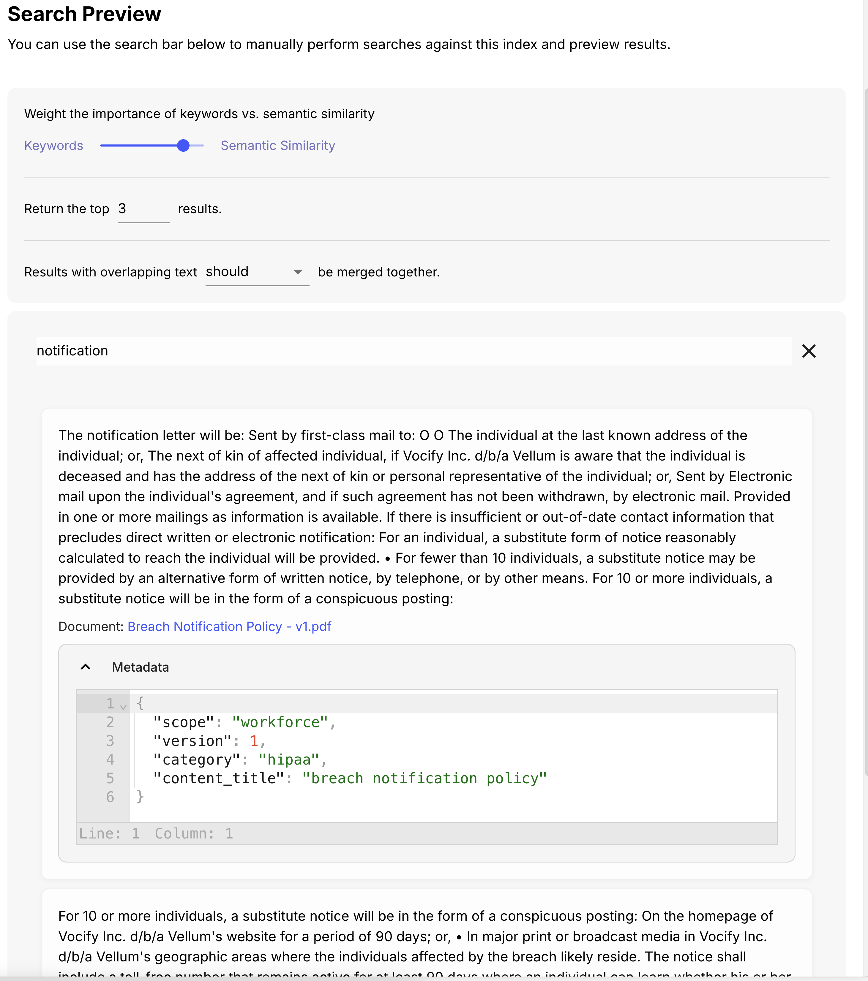 Search Results with Document Link and Metadata