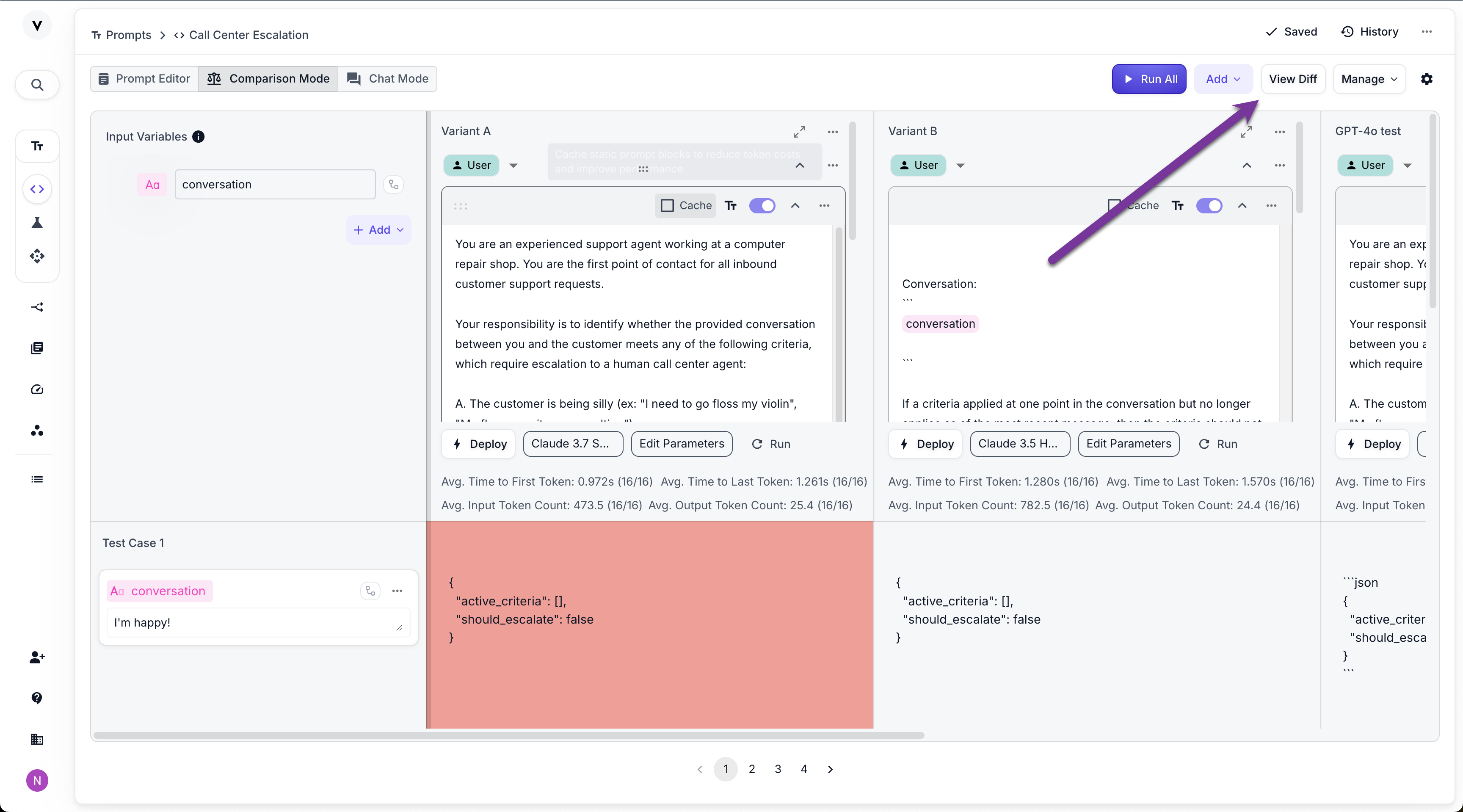 Prompt Comparison View Diff Button