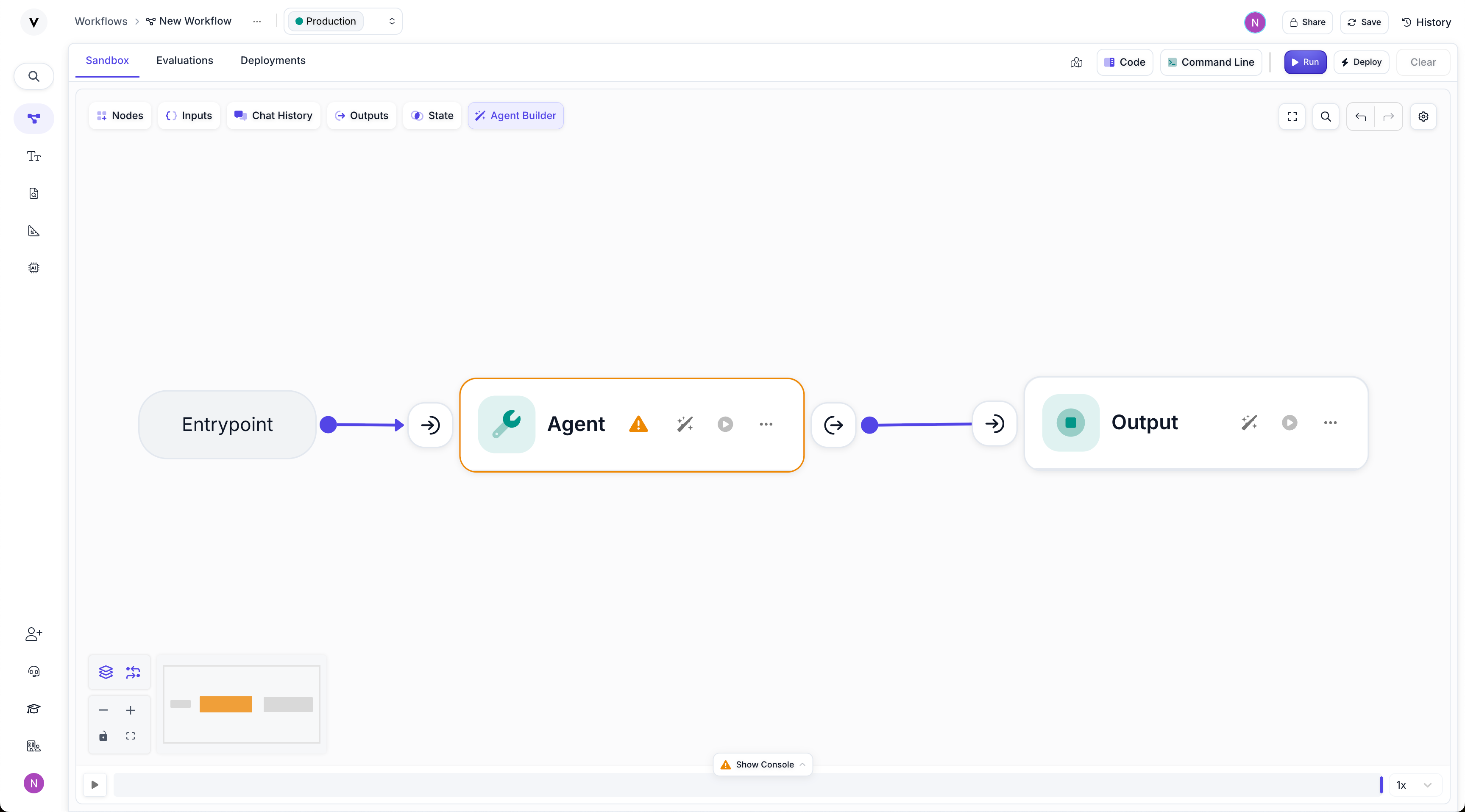 Screenshot showing the Workflow canvas with warnings visible on Nodes and in the mini map view at the bottom left
