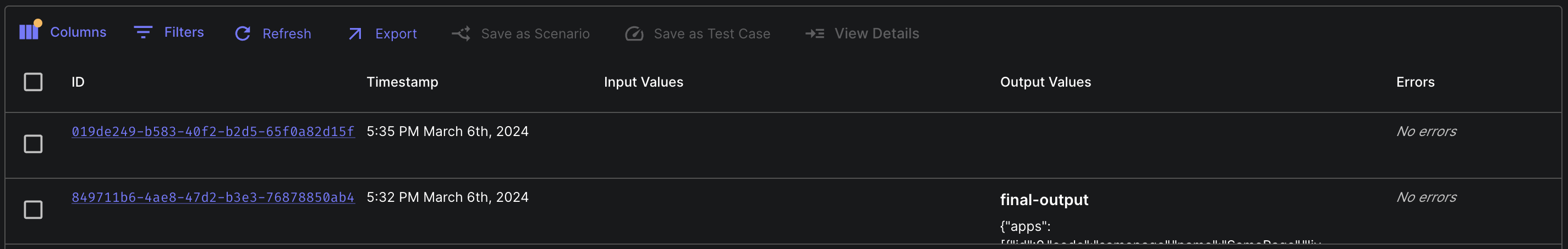 In Progress Workflow Executions Table