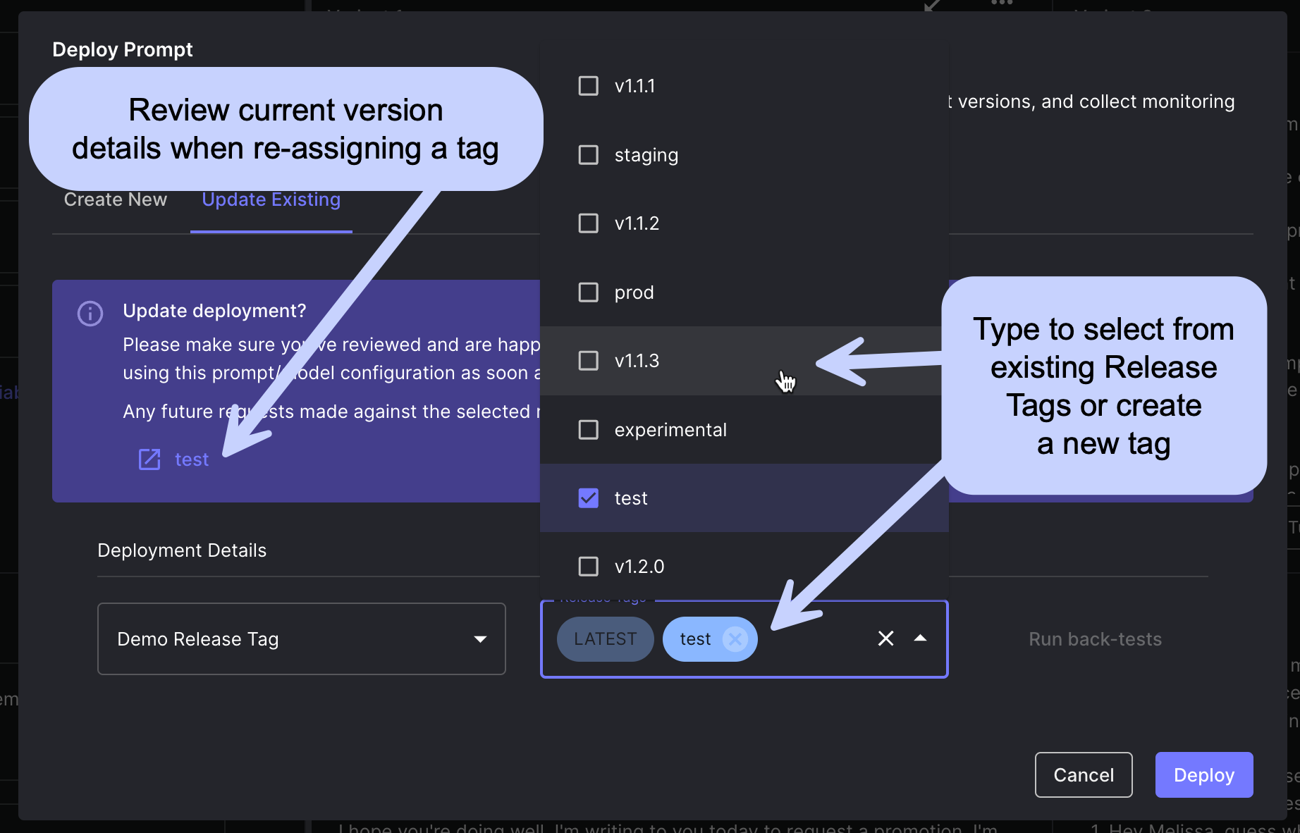 Updating Release Tags from Deploy Modal