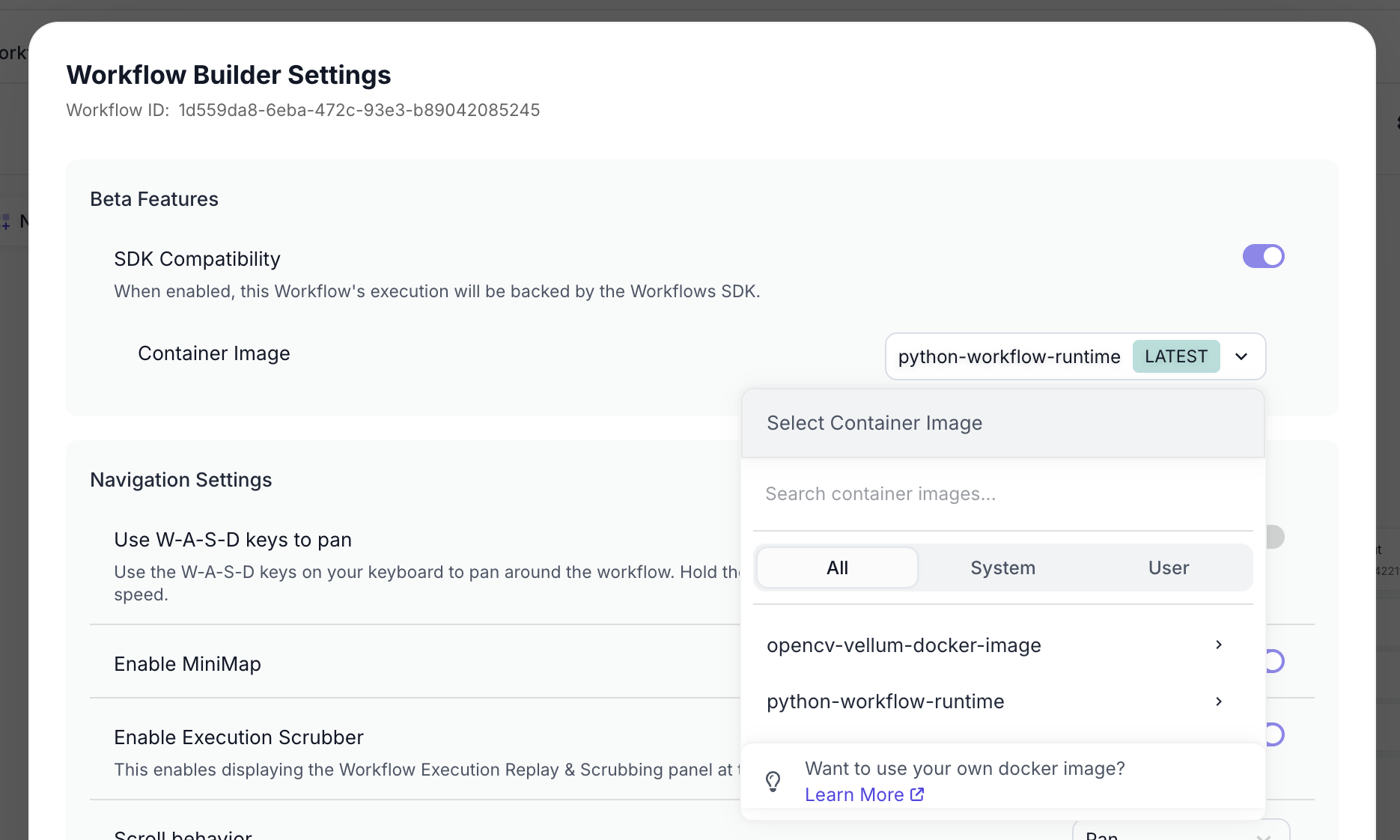 Workflow Sandbox Settings showing Container Image selection