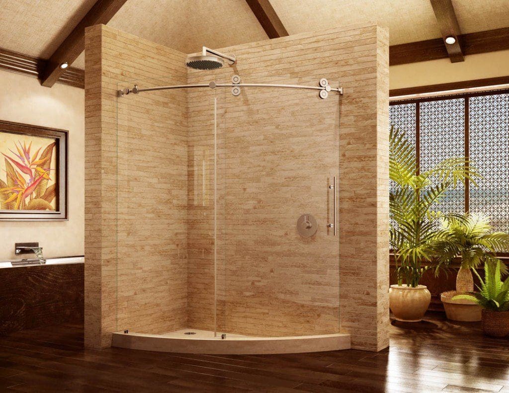 Frameless Pipeline Curved Glass Shower Slider in Bathroom | Shower Gallery | Anchor-Ventana Glass