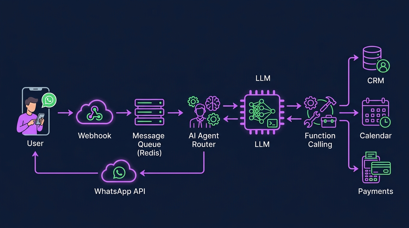 Diagrama de arquitetura de chatbot WhatsApp com IA mostrando o fluxo de webhook para agente de IA com function calling