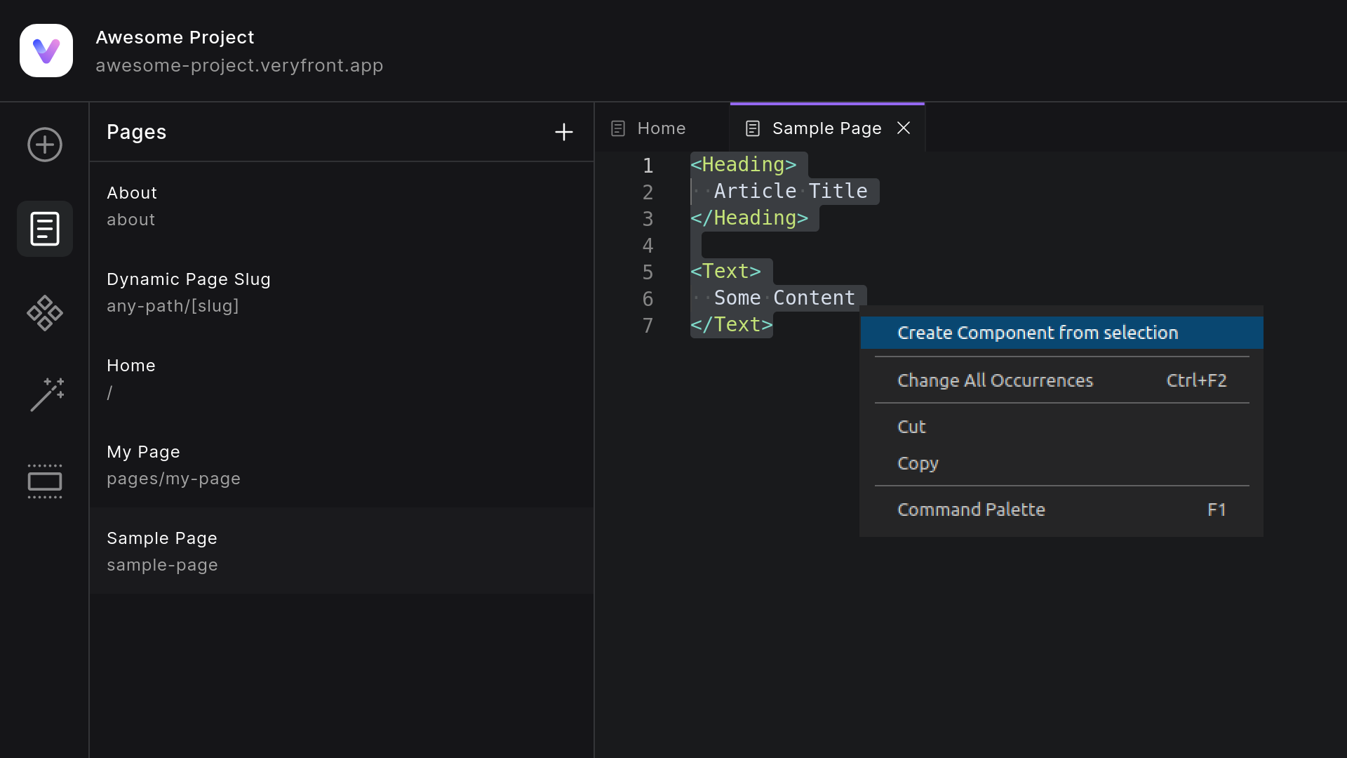 Component From Code Selection And Menu