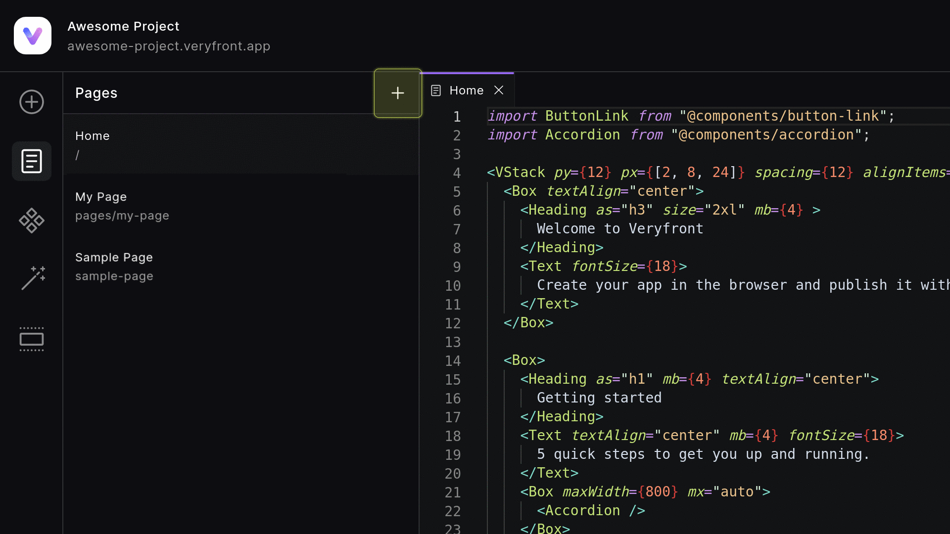 Pages Menu New Page Button