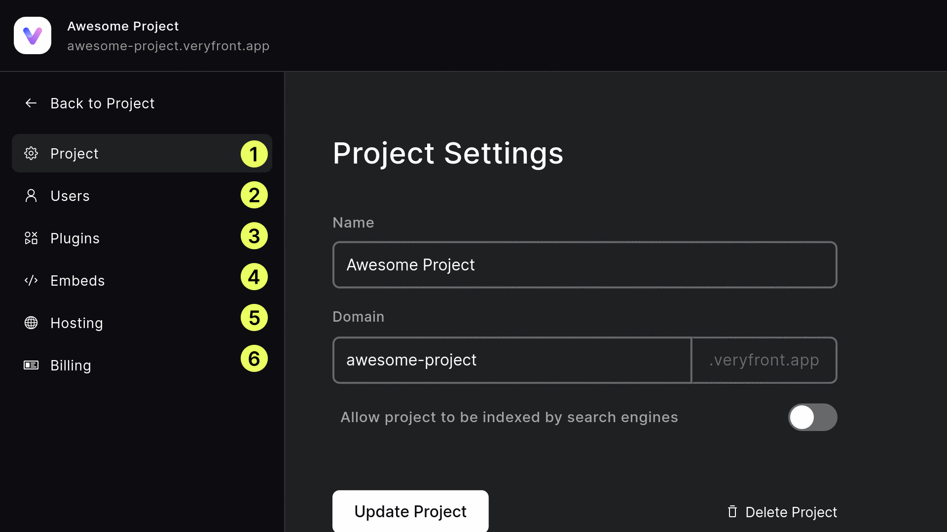 Project Settings Numbered Items