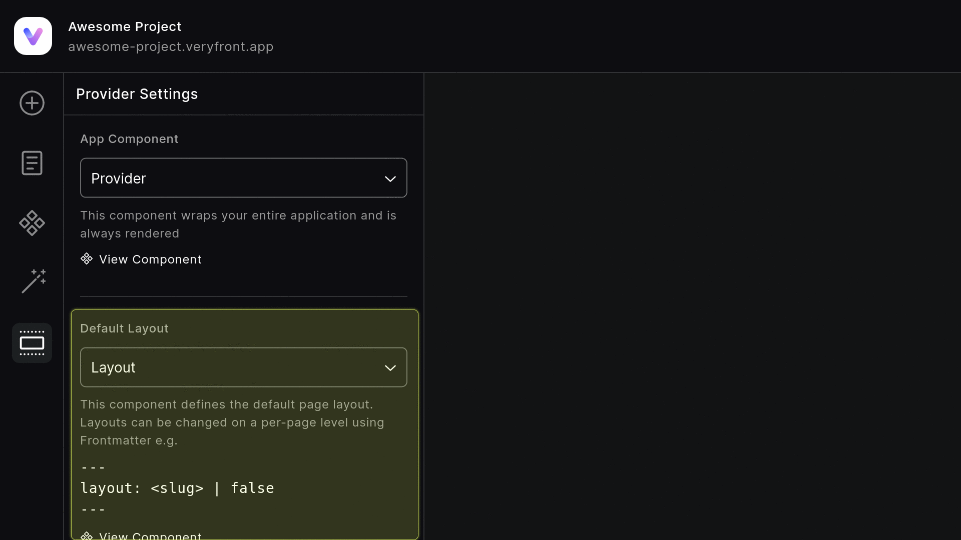 Provider Settings Layout Component Selector