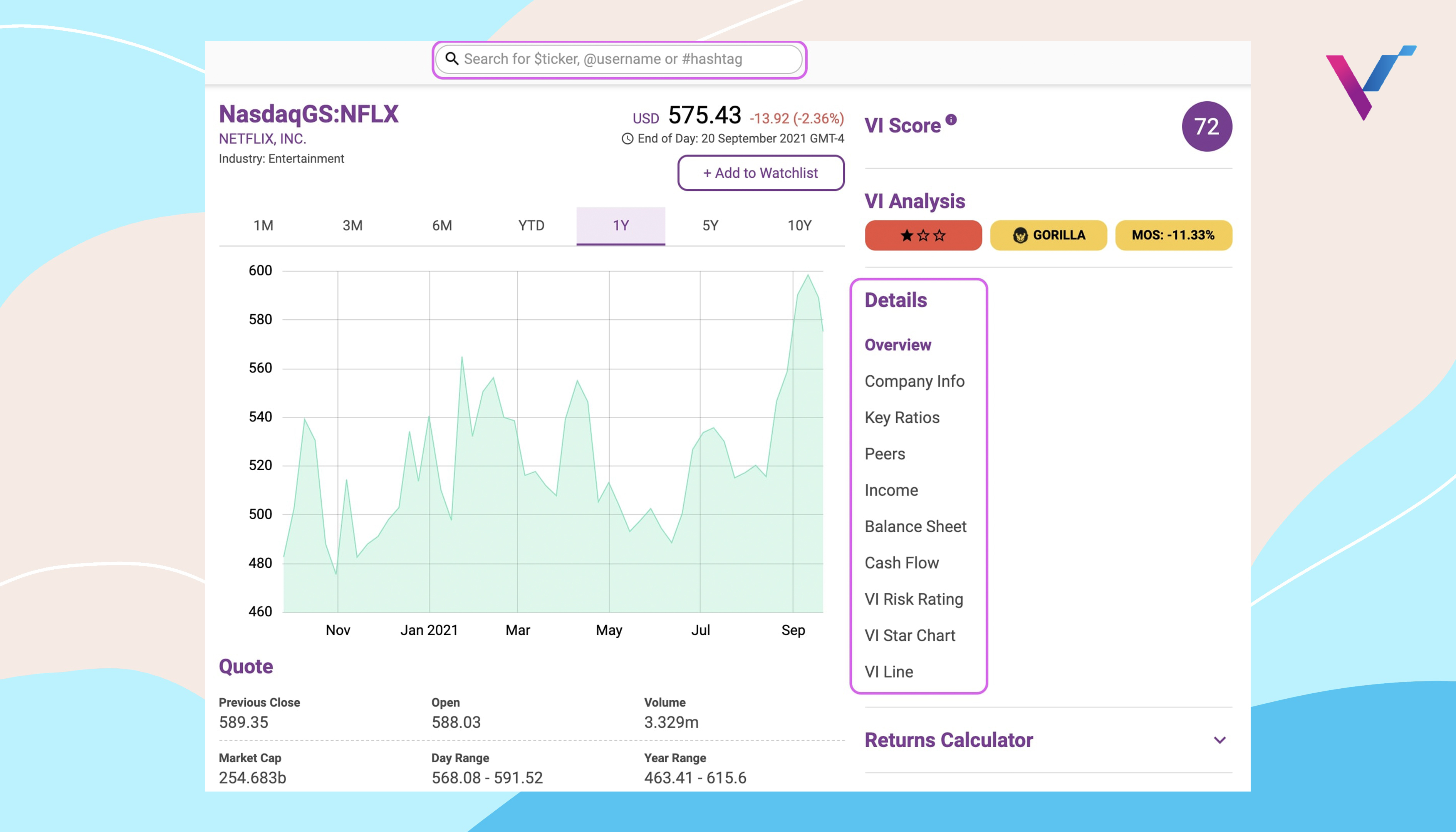 VI App | Search Function | stock analysis app