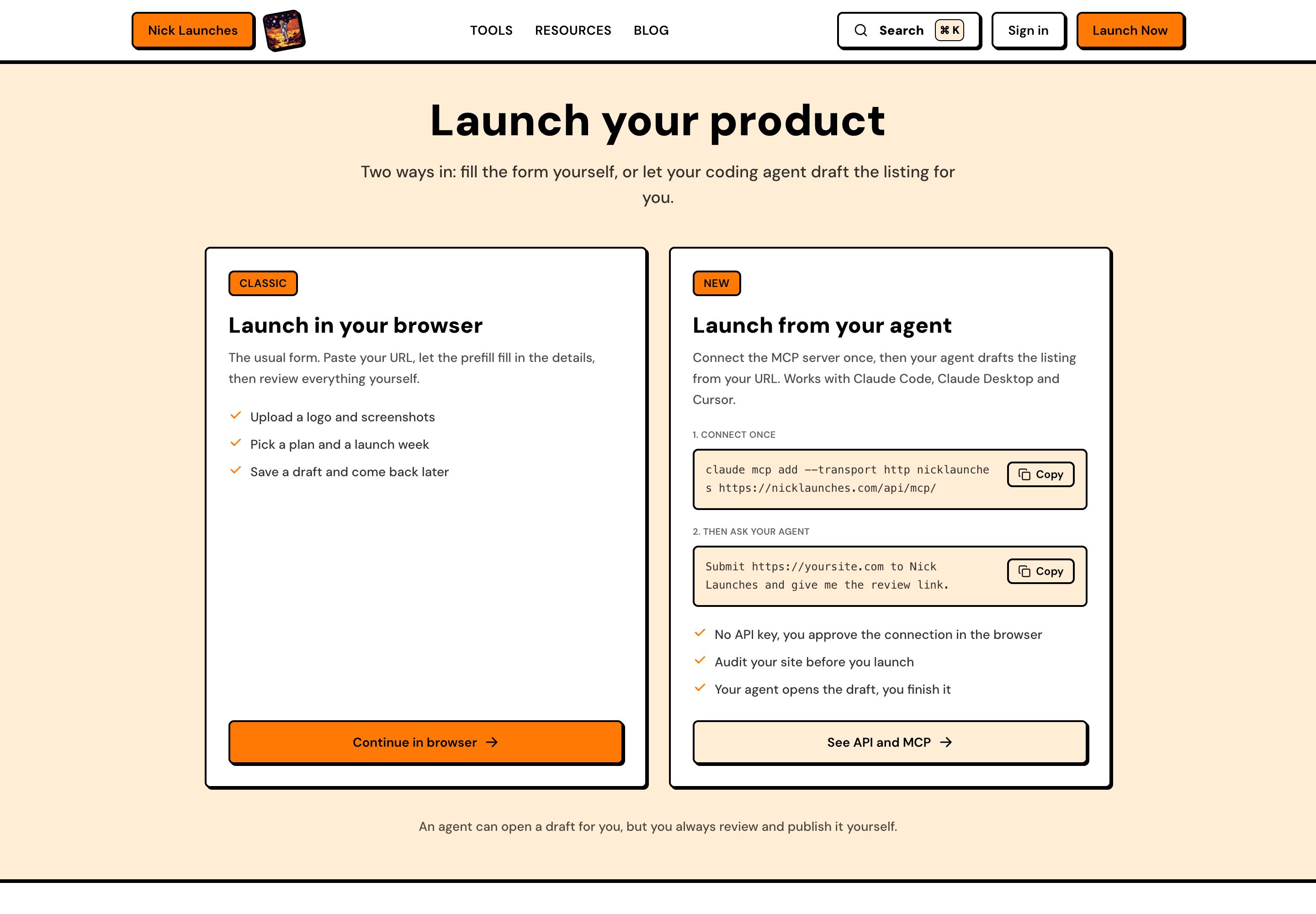 The submission entry page on Nick Launches, with a browser form and an agent path
