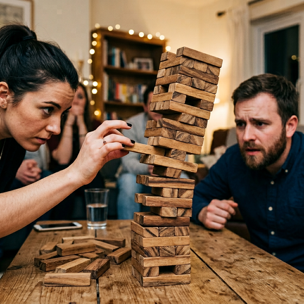 Nano Banana 2 - Jenga tower mid-game, several blocks removed, remaining structure still balanced, tense moment