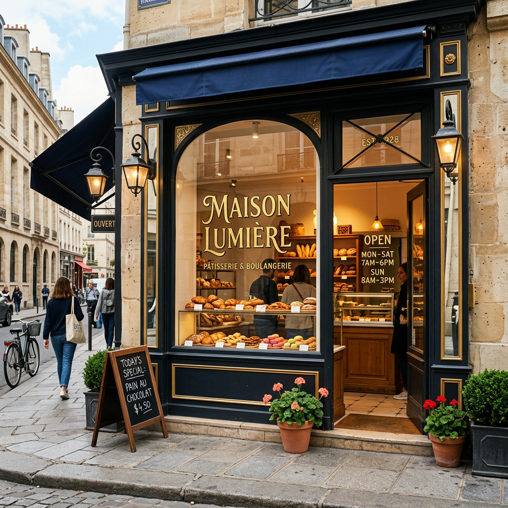 Nano Banana 2 - Storefront photograph of an upscale bakery with a large window display, the shop name MAISON LUMIÈRE in elegant gold leaf lettering on the glass, below in smaller text PÂTISSERIE & BOULANGERIE, OPEN hours painted on the door reading MON-SAT 7AM-6PM and SUN 8AM-3PM, a small sandwich board on the sidewalk reading TODAY'S SPECIAL: PAIN AU CHOCOLAT $4.50, warm interior glow visible through the window showing pastry displays
