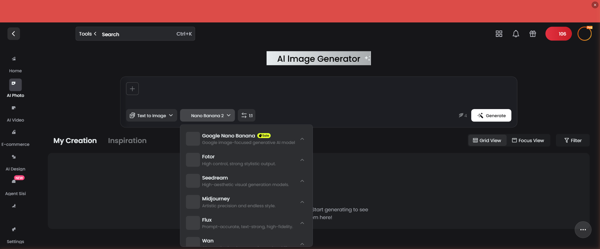 Fotor model selector showing available AI models including Nano Banana Pro, GPT Image, and FLUX