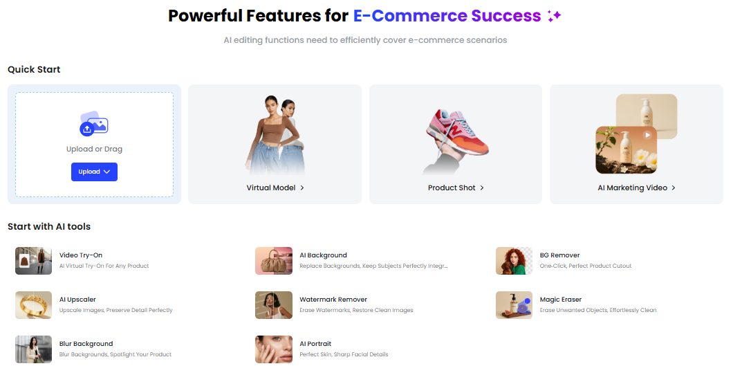 Fotor e-commerce suite showing Virtual Model, Product Shot, AI Marketing Video, and AI tools like BG Remover, AI Upscaler, and Magic Eraser