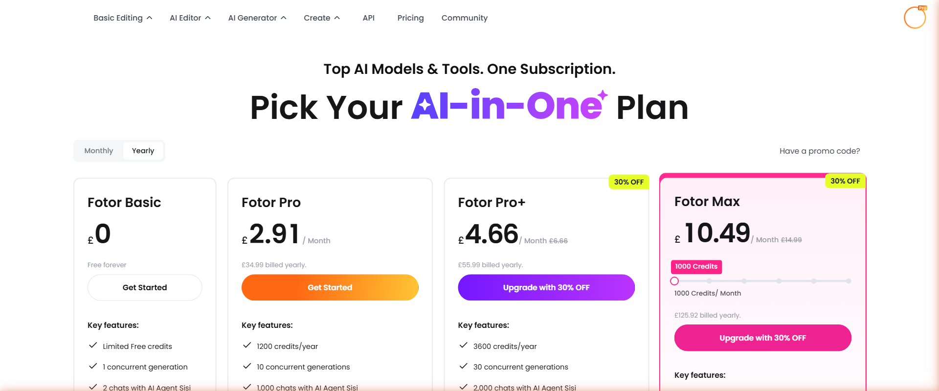 Fotor pricing page showing Pro plan starting from £2.91 per month